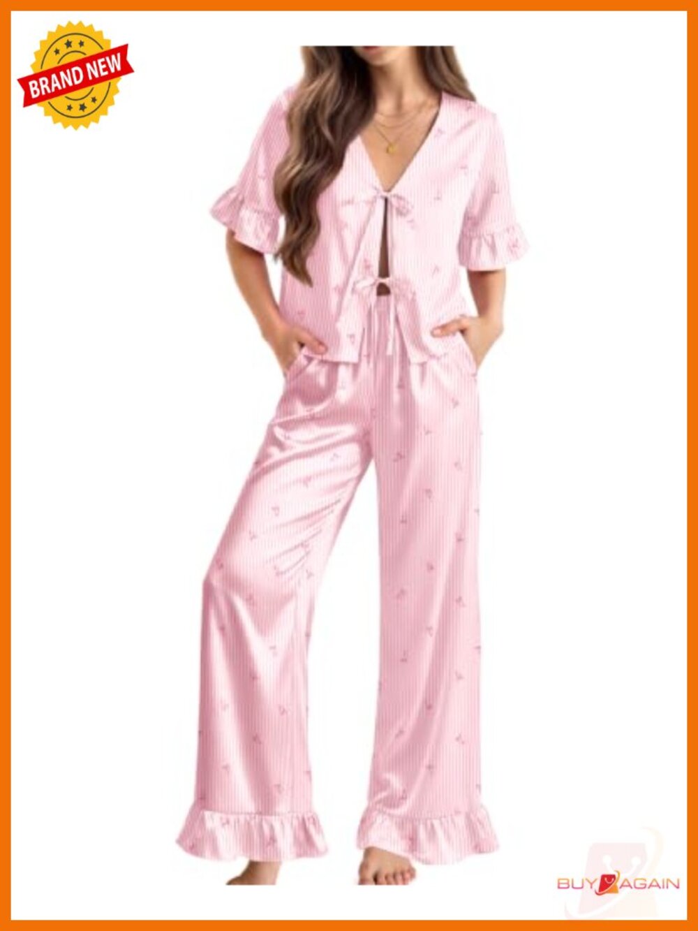 Ekouaer Silk Pajama Set 2 Piece Satin Ruffle Bow Tie Sleepwear Lounge